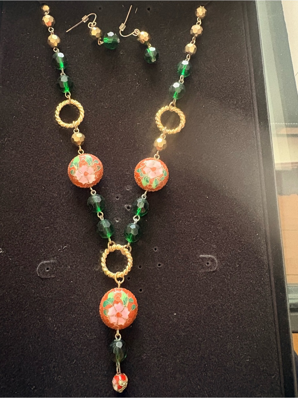 Vintage  Necklace Set with Green Beads and Floral Cloisonné Accents
